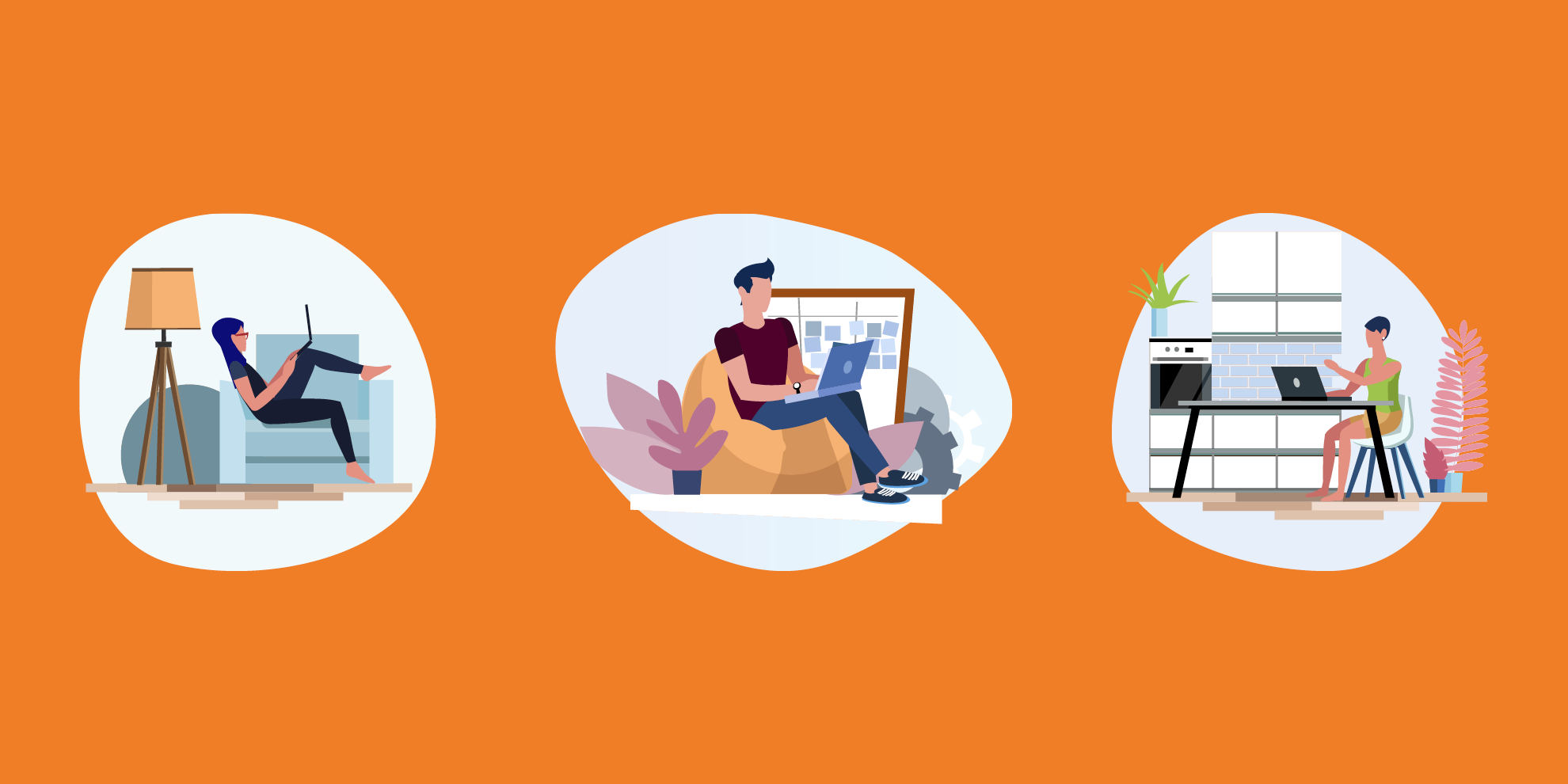 Três ilustrações de pessoas em trabalho remoto — Fonte: FutureLearn.